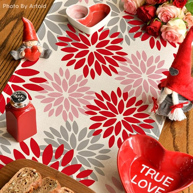 Artoid Mode Red Pink Dahlia Floral Pinnata Valentine Table Runner, Summer - Image 4