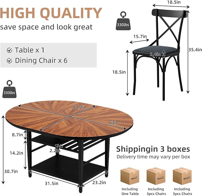 VFK 47.2"-63" Extendable Round Dining Table Set for 4–6, Solid Wood & Metal Table with Wine Rack Storage Shelf, Walnut Kitchen Furniture with 6 Upholstered Chairs (Storage Table and 6 Black Chairs)