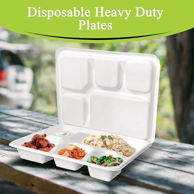 three leaf 5 COMPARTMENT MEAL TRAY WITH LID SET, 125 SETS. Heavy-Duty- Super Strong- Natural- Eco-Friendly Disposable Bagasse Tray with Lid, 100% Biodegradable Plates