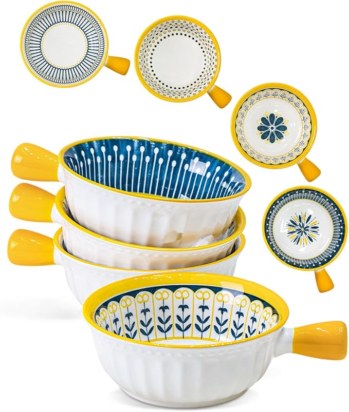 Yeacccng Soup Bowls with Handles, 23 Oz French Onion Soup Bowls Set of 4, Ceramic Soup Bowl for Kitchen, Oven/Microwave Bowls, 6 Inch Ceramic Soup Crocks, Cute Bowls, Scratch-Resistant, Lead-Free