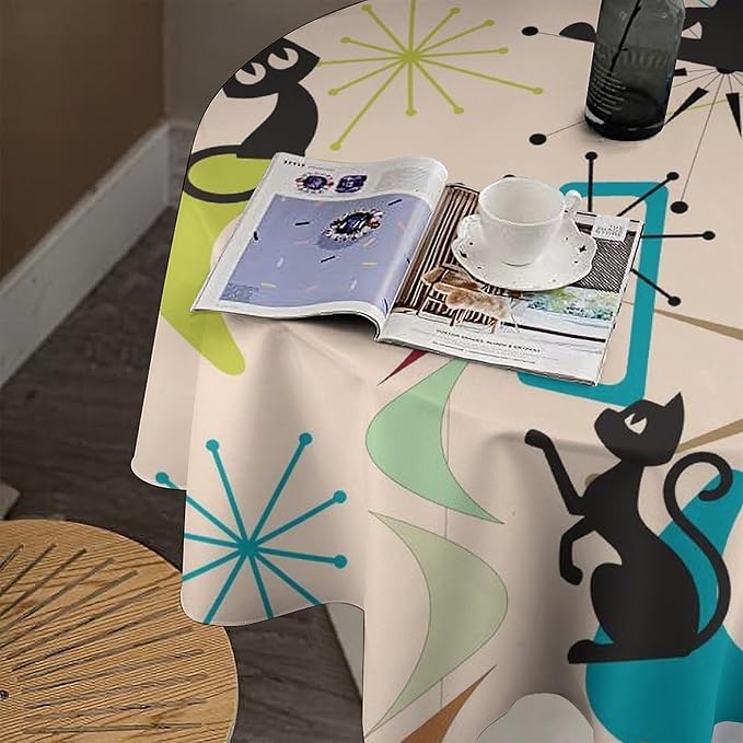 Mid Century Black Cat Round Tablecloth, Bohemian Modern Colorful Abstract Geometric Retro Art Bohemian Tablecloth for Home Party Dining Room Kitchen Decor 70Inch(178cm)