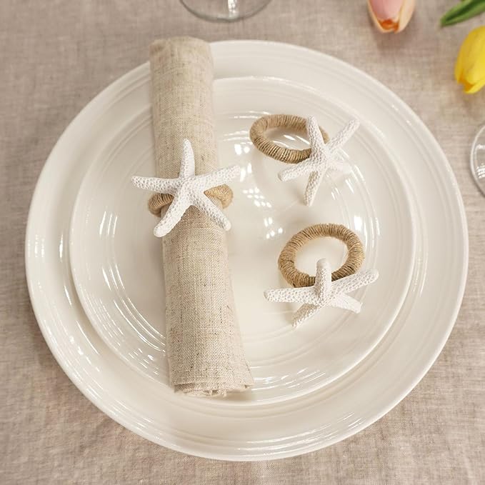 Starfish Napkin Rings Set of 6, White Sea Star Napkin Ring Holders for Crafts, Beach, Dinner Party, Wedding, Theme Party, Banquet, Nautical, Coastal Table Decor
