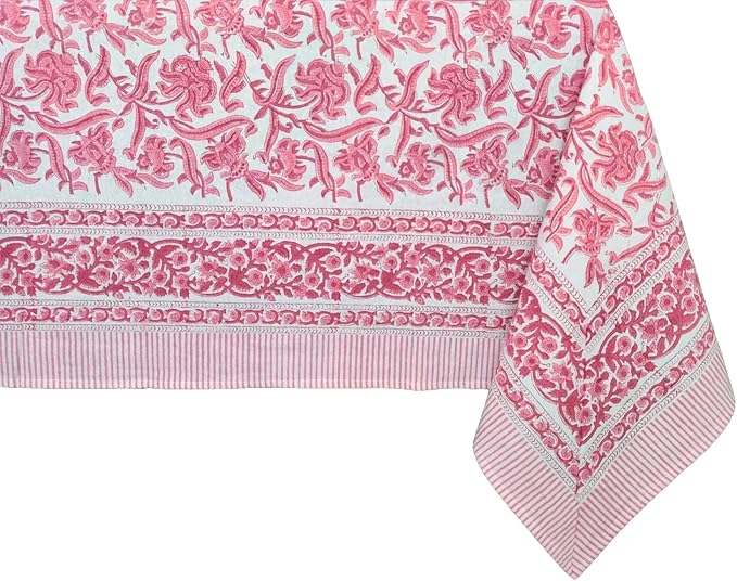 ATOSII Red Bloom 100% Cotton Rectangle Tablecloth, Block Print Floral Linen Table Cloth for Dining Parties Outdoors Weddings Holidays I 72 X 120 Inches, 10 Seater, Summer Farmhouse Grandmillennial