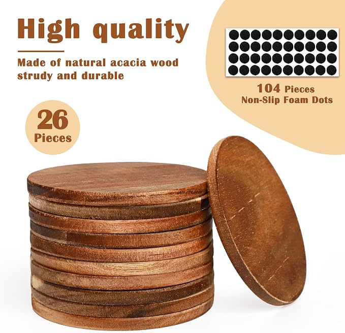 26 Pieces Unfinished Wood Coasters, 4 Inch Round Acacia Wooden Coasters - Image 2
