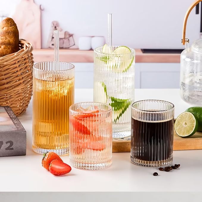 WHJY Ribbed Glassware Highball Glasses Unique Everyday Drinking Glasses Short Glasses Cups Set of 4 for Cocktail, Whiskey, Beer, Juice - 8.8oz 3.7"