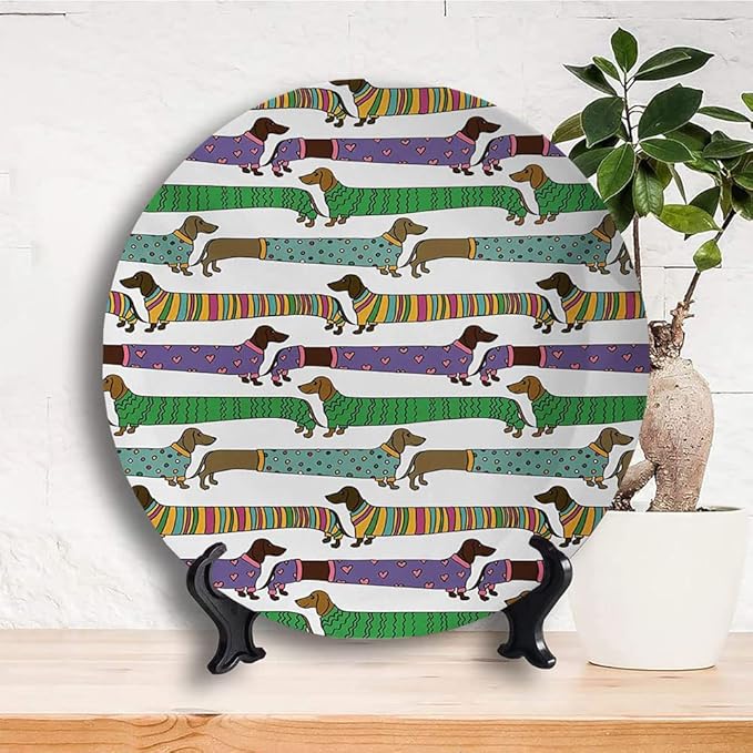 Ceramic Display Plate, Dog Lover Ceramic Hanging Decorative Plate, Cartoon Style Dachshunds Dressed in Pyjamas Chevron, 6 Inch, Household Custom Ceramic Plate, Multicolor