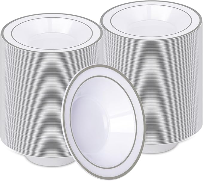 BESTVIP 200 Pack Plastic Bowls with Silver Rim, 12 oz Disposable Soup Bowls, Heavy-duty Dessert Fruit Bowl for Party, Wedding, Christmas, Dinner Catering