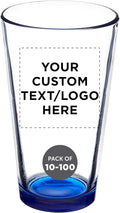 DISCOUNT PROMOS Custom Beer Pint Glasses 16 oz. Set of 10/50/100, Personalized Bulk Pack - Heavy Duty Glassware for Restaurant, Thick Base and Walls, Stackable - Blue