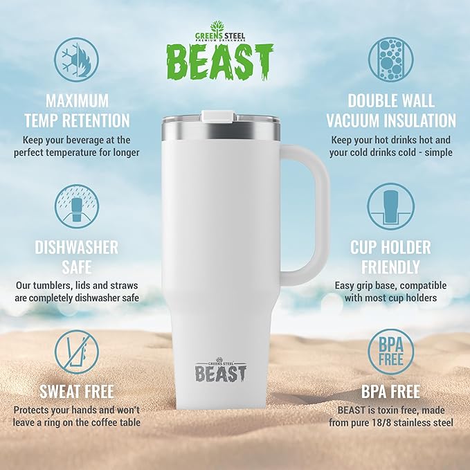 Beast 42 oz Tumbler with Handle Stainless Steel Vacuum Insulated Coffee Ice Cup Double Wall Travel Flask (Arctic White)