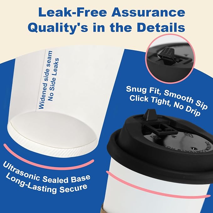 16 oz 50 Pack Coffee Cups with Lids and Sleeves, Hot Disposable To Go Travel - Image 4