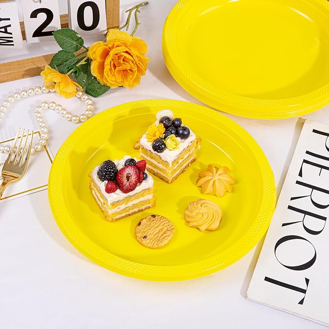 WELLIFE Yellow Plastic Party Plates 10 Inch -150 Count, Disposable Plastic Dinner Plates for Easter Spring Parties Mother's Day Picnic BBQ