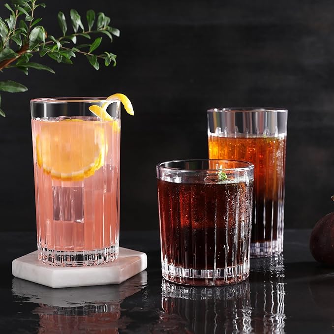 Royalrose Premium VertiLine 13.5oz Highball Glasses, 6pc Tall Glass Sets. Lead-Free Crystal Drinking Glasses. Water Glasses, Mojito Glass Cups, and Mixed Drink Cocktail Glass Set. (Tall glasses)