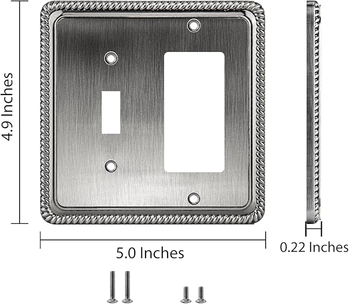 Henne Bery Rope Edge Decorative Wall Plate Switch Plate Outlet Cover (Toggle/Decorator, Heirloom Silver)