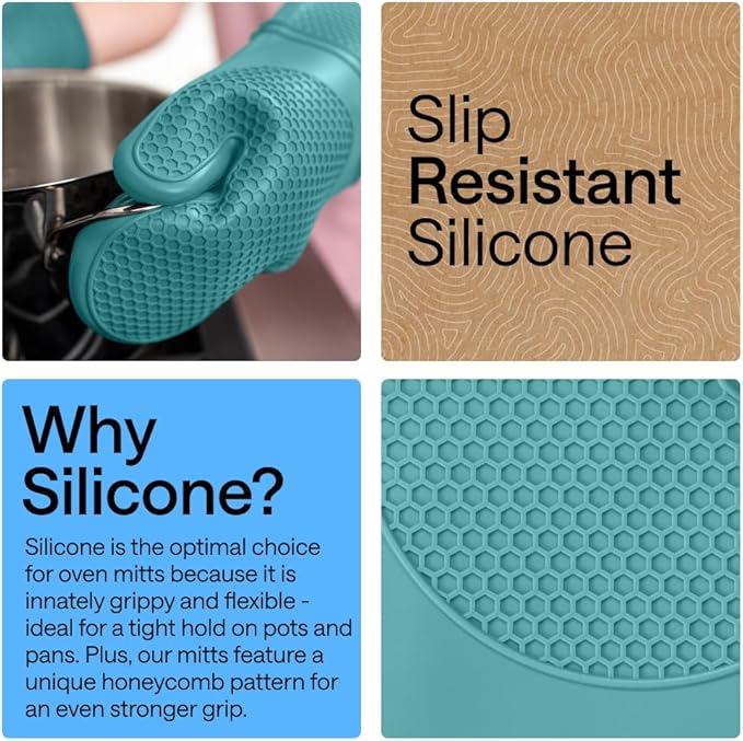 GORILLA GRIP BPA-Free Soft Silicone Oven Mitts, Heat Resistant and Waterproof Cooking Gloves, Thick Cotton Lining, Flexible Gripping for Baking Grilling, Kitchen Potholders Set, 12.5x8.3, Turquoise