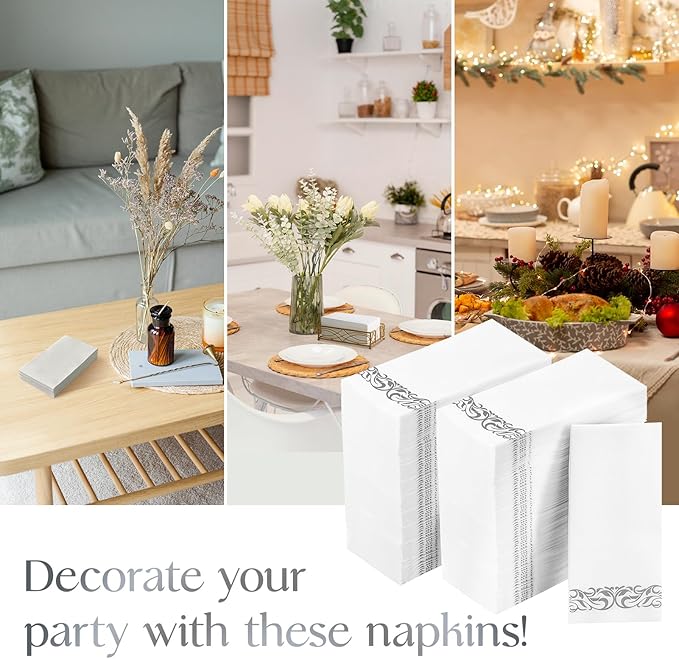 Vplus 400 Pack Paper Napkins Guest Towels Disposable Premium Quality 3-ply Dinner Napkins Disposable Soft, Absorbent, Perfect for Kitchen, Wedding, Parties, Dinners or Events(Silver)