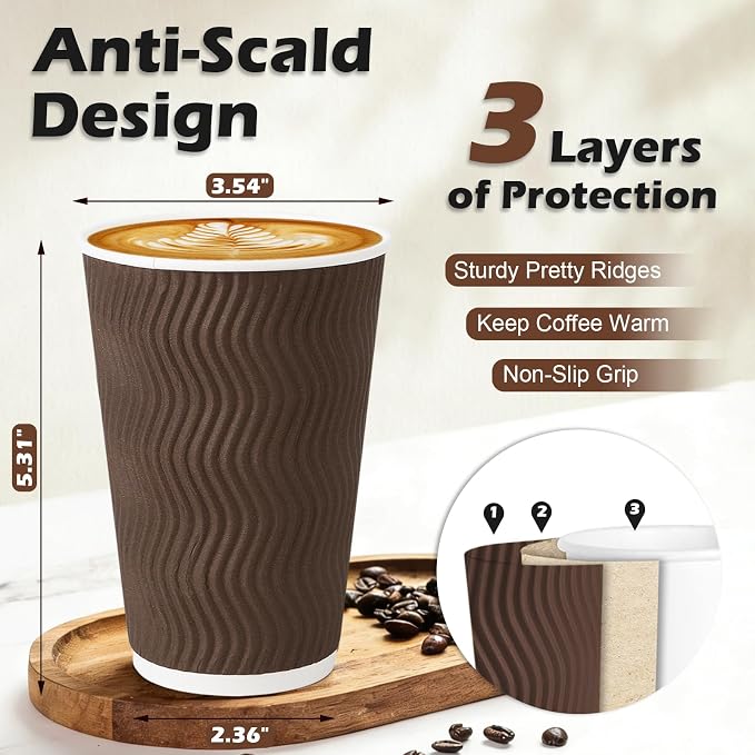 Clawsoff 500 Pack 16oz Insulated Disposable Paper Coffee Cups Brown | Thick - Image 2