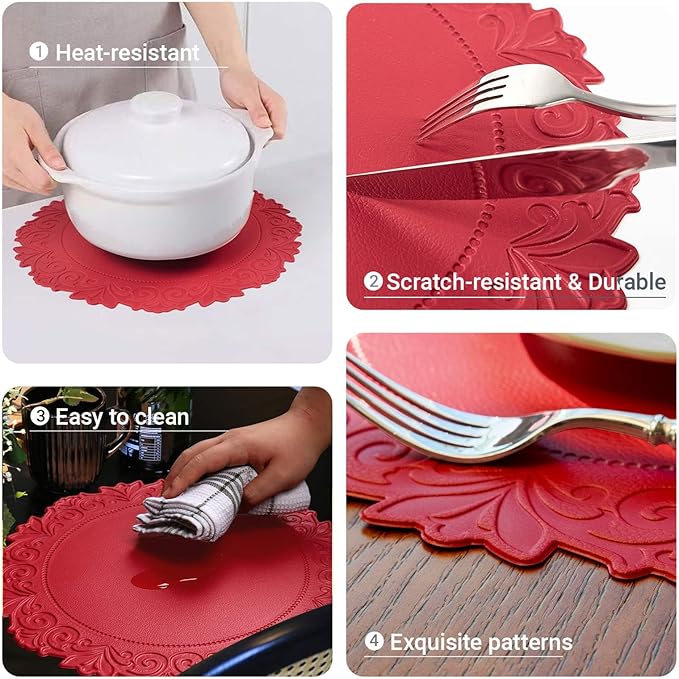 Noctiflorous Round Faux Leather 15 Inch Placemats Set of 6 Waterproof Wipeable Heat Resistant Tablemat for Dining Table Kitchen Non Slip Washable Oilproof Table Place Mat(Holly Red, 6)