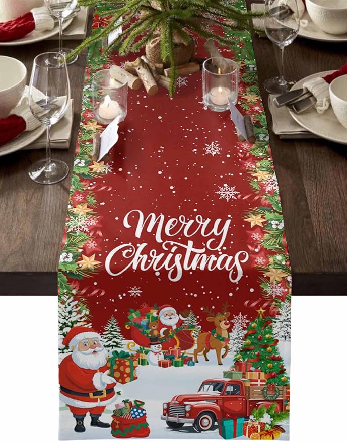 Merry Christmas Table Runner 60 Inches Long, Santa Xmas Tree Snowflake Table by Unknown
