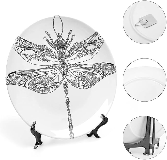 Ceramic Display Plate, Abstract Ceramic Hanging Decorative Plate, Animal Steampunk Dragonfly Pattern, 6 Inch, Household Custom Ceramic Plate, Black White