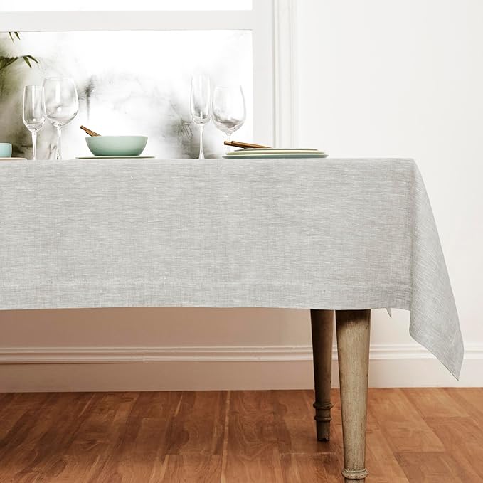 Solino Home Linen Tablecloth 60 x 144 Inch - 100% Pure Linen Oyster Grey Table Cloth for Rectangle Tables - Athena, Machine Washable Tablecloth for Spring, Easter