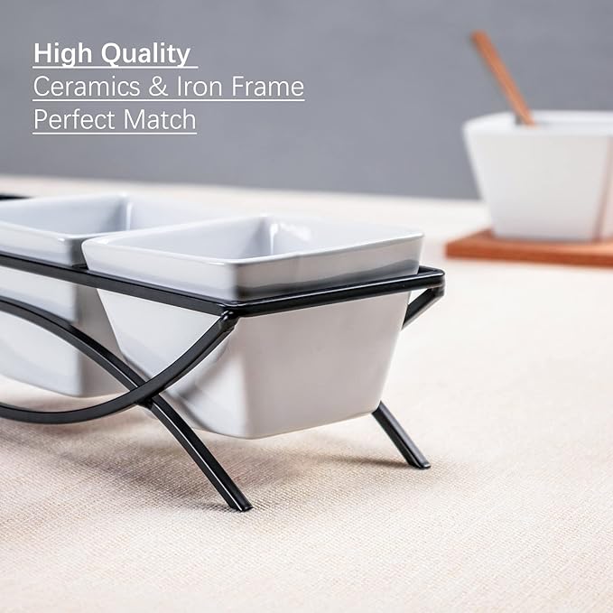 UNICASA Square Ramekin Bowls 10 oz, Condiment Serving Tray with Metal Rack Stand - Chips and Dips Snack Tray for Party - White Side Dish for Appetizer, Fruit, Nuts, Ice Cream, Candy