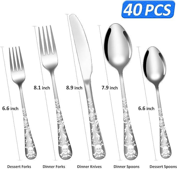 Skull Pattern Silverware Set for 8, OIULO 40-Piece Pirate Pirate Rose Flatware - Image 2