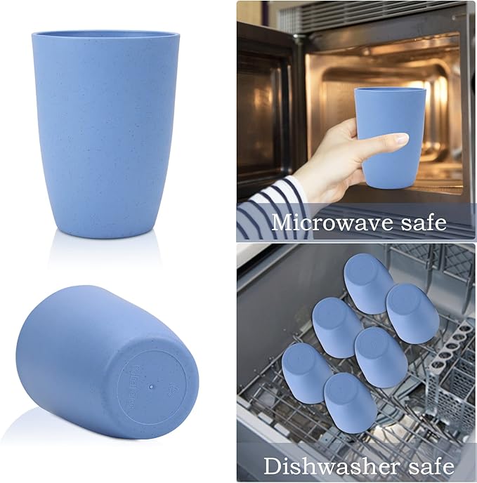 Wheat Straw Cups 6 PCS Good Alternative to Plastic Reusable Cups 12 oz Unbreakable Drinking Cup Reusable Dishwasher Safe Water Plastic Glasses Light Blue