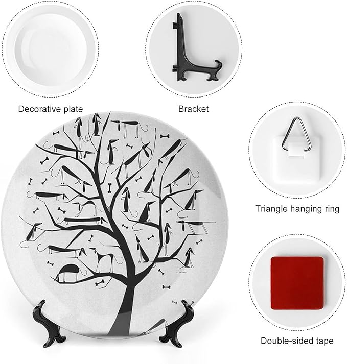 Ceramic Display Plate, Abstract Ceramic Hanging Decorative Plate, Monochrome Autumn Season Tree with Dog on The Branches, 8 Inch, Household Custom Ceramic Plate, Black and White