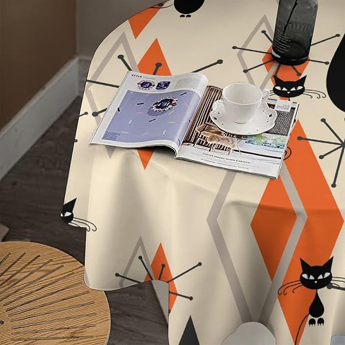 Retro Boho Modern Black Cat Round Tablecloth, Mid Century Boho Moon Abstract Geometric Leaf 50s 60s Style Tablecloth for Home Party Dining Room Kitchen Decor 36Inch(90cm)