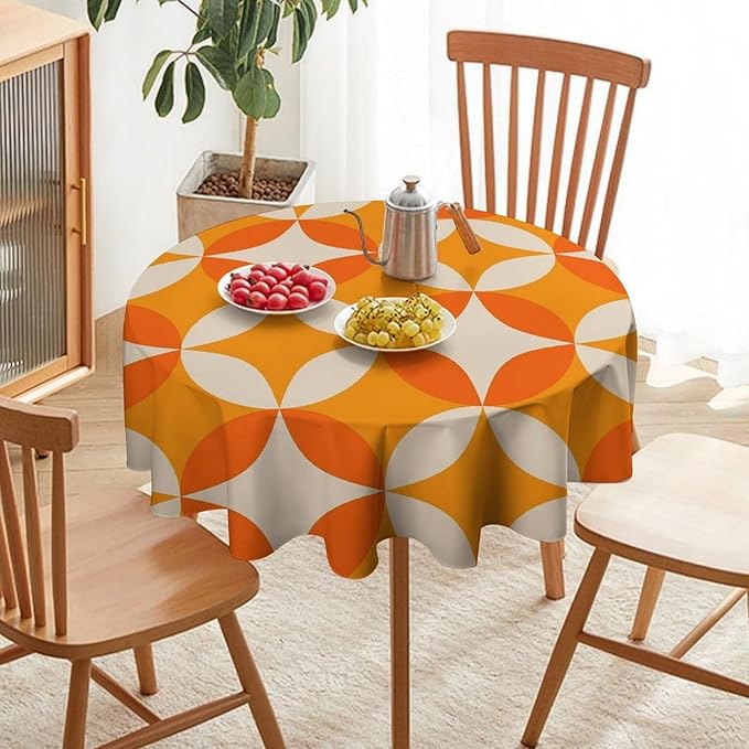 Retro Mid Century Round Tablecloth, Abstract Geometric Mid Century Colorful Pattern Print Tablecloth for Home Party Dining Room Kitchen Decor 60Inch(152cm)