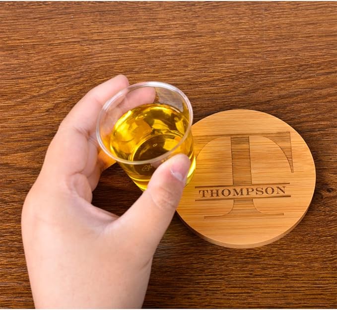 Personalized Coasters, Custom Engraved Coasters, Bamboo Coasters for Drinks, Monogram Coasters with Holder, Great Gifts for Relatives, Friends or Yourself (T, Set of 4)
