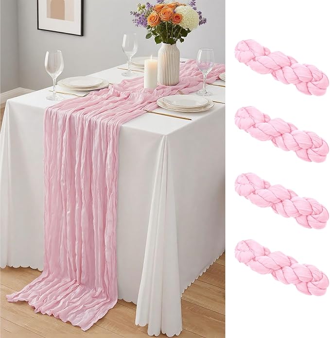 4 Pack Light Pink Cheesecloth Table Runner 10Ft, Boho Table Runners 21.5 x 120 by Yemosa