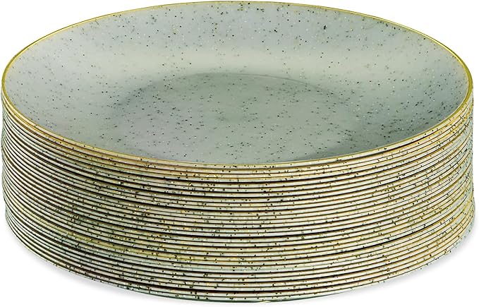PLASTICPRO 30 Pack Disposable Plastic Plates Heavyweight Granite Look Elegant 7 inch Dinner Plates Green with Gold Rim