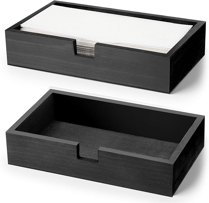 2 Pack Black Wooden Napkin Holder, Guest Towels Holder Flat Bathroom Napkin Tray Disposable Hand Towel Tray Cocktail Napkins Holders for Table Kitchen Counter Home Desk