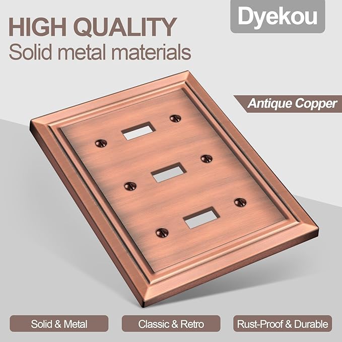 Metal Wall Plate for Electrical Outlets, Decorative Antique Copper Switch Plates Outlet Cover, Light Switch Cover Plate, 3-Gang Wall Plates (Triple Toggle, 1 Pack)