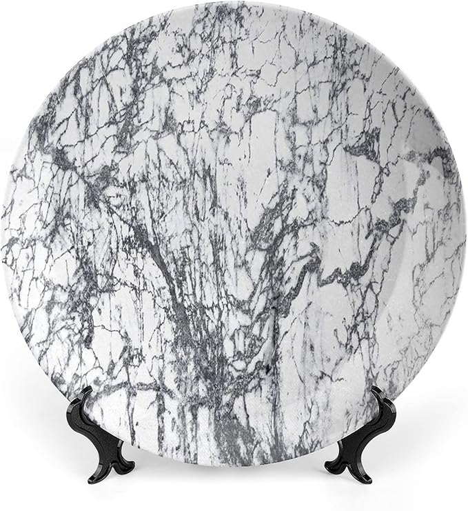 Decorative Plates, Abstract Print Ornament, Murky Marble Rock Motifs Dynamic Fractal, 8 Inch, Kitchen Wall Decor, Grey White