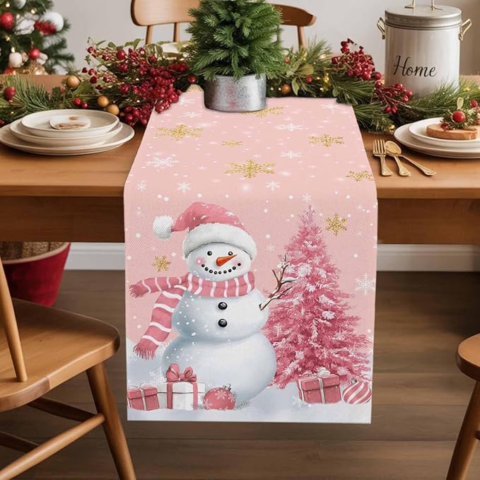 Pink Christmas Snowman Short Table Runners 36 Inches, Cotton Linen Fabric - Image 5