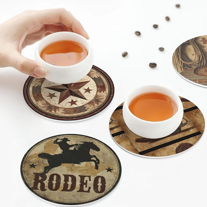 Western Cowboy Coasters for Drinks with Holder Round Leather Coasters Set of 6 Cups Mugs Mat Pad for Home Kitchen Bar