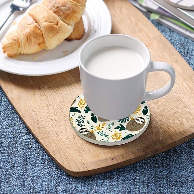 Coasters for Drinks Coaster Drink Set Decorative Coffee Table Desk Cup Mat Spring Cute Cork Bar Backing Round Home Decor Cute Sloths Leaves White16