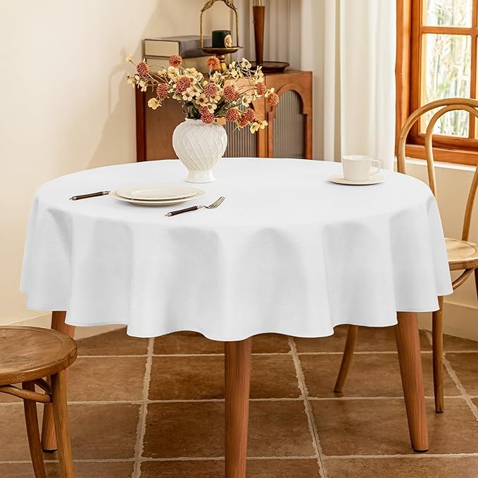 White Fabric 60 Inch Round Table Cloth Faux Linen Textured Water Resistant & Wipeable Circle Tablecloth Reusable for Dining Kitchen Patio