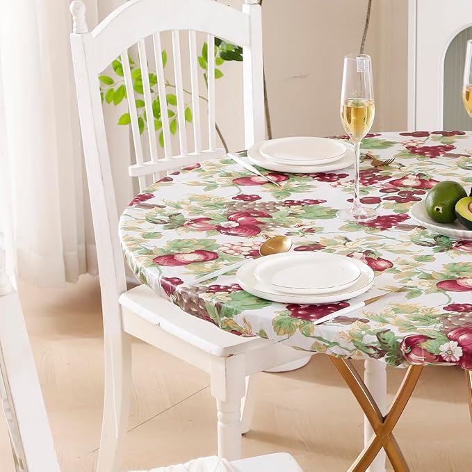Walrus Round Vinyl Fitted Tablecloth with Flannel Backing Elastic Edge Design Table Cover Waterproof Oil-Proof PVC Table Cloth Stain-Resistant Best for 45"-56" Round