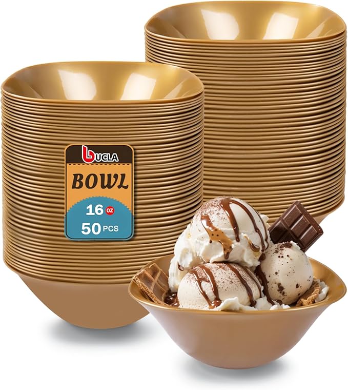 bUCLA 50Pack Gold Plastic Serving Bowls - 16oz Disposable Serving Bowls for Party Dessert/Ice Cream/Salsa/Snack