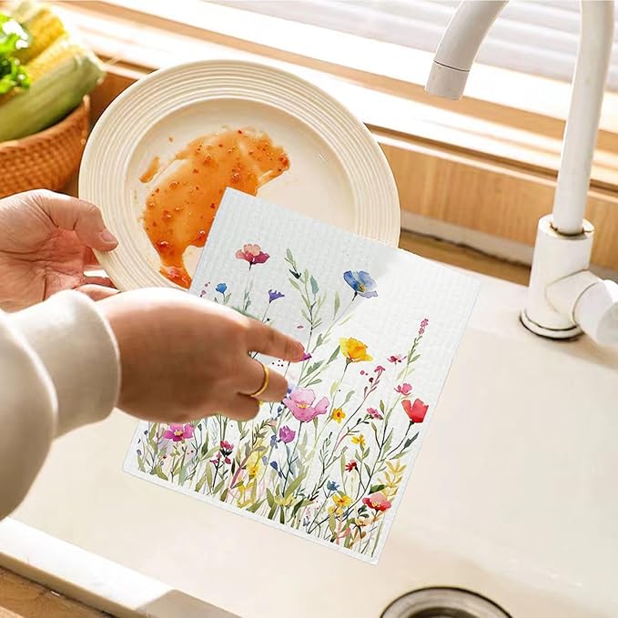 Flowers Swedish Dishcloths for Kitchen, Papaya Reusable Paper Towels, 4 Pack Wildflowers Watercolor Dish Cloths, Washable