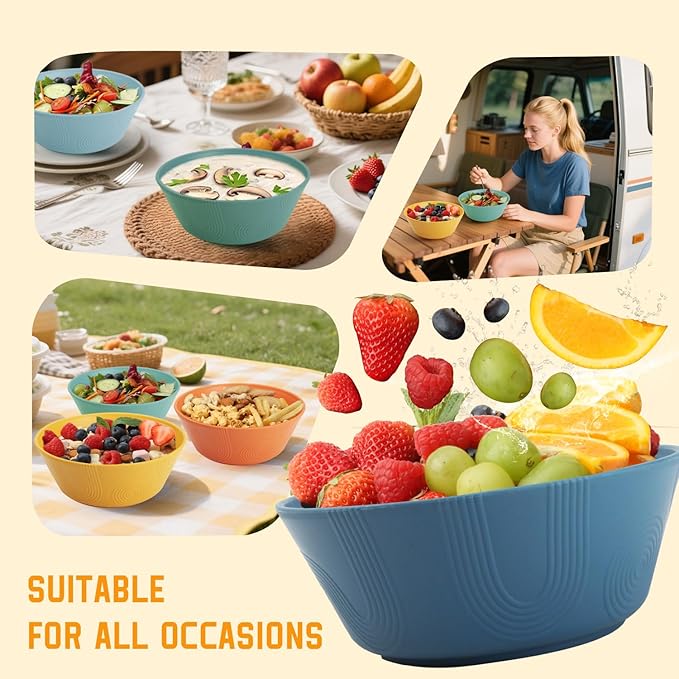 Homienly Unbreakable Cereal Bowls, Wheat Straw Bowl with Textured, 36oz Microwave Safe Plastic Bowls for Kitchen, Party, Large Soup Bowls for Popcorn, Ramen, Salad, Dishwasher Safe (Multi,6 PCS)