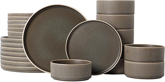 Dinnerware Set Service for 8, 24-Piece Ceramic Plates and Bowls Set, Chip & Scratch Resistant, Microwave and Dishwasher Safe, Modern Minimalist Tableware for Everyday Use, Matte Green