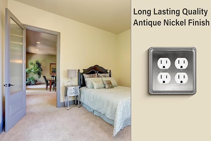 Henne Bery Rope Edge Decorative Wall Plate Switch Plate Outlet Cover (Double Duplex, Heirloom Silver)