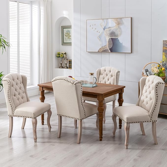 chairus Tufted Parsons Dining Chairs Set of 8, French Country Upholstered Dining Room Chairs with Nailhead Trim & Curved Wood Legs, Farmhouse High Back Armless Side Kitchen Chairs, Beige Linen