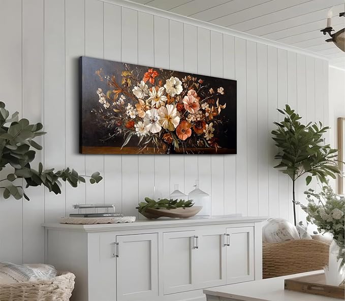 ADJUVANT Wall Art Vintage Floral Bouquet in Vase 40"L x 20"W, Flowers Canvas Painting Botanic Artwork Retro Blossoms Prints Graceful Floral Wall Decor for Living Room Bedroom Dining Room Home Office