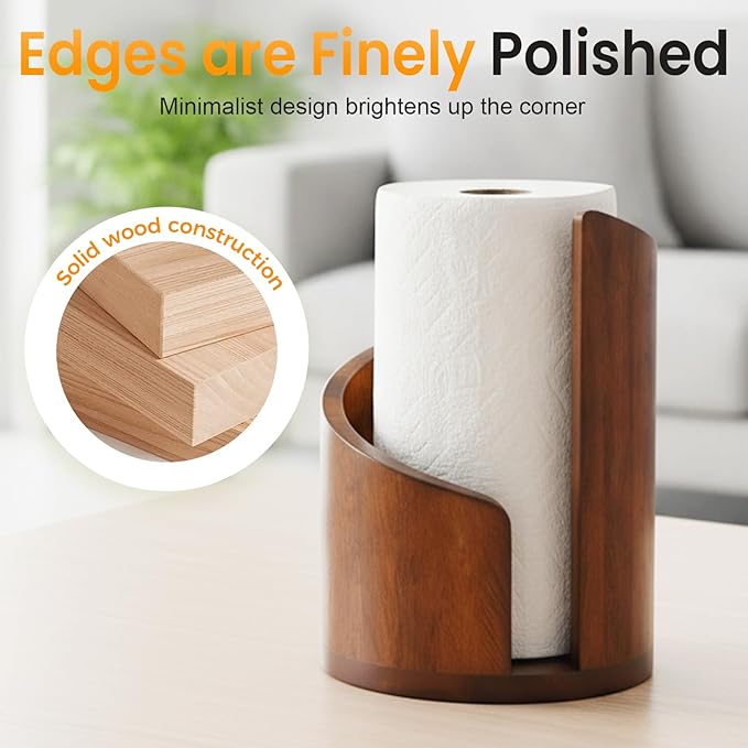 Mountain Paper Towel Holder Countertop, 2026 Upgrade 100% Natural Mango Wood Round Base and Iron Holder, Wooden Paper Towel Holder for Kitchen Roll Organize Dining Table Home Decor (Black)