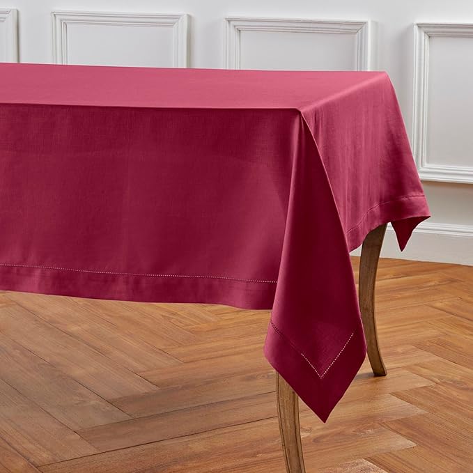 Solino Home Beet Linen Tablecloth 60 x 144 Inch - Classic Hemstitch, 100% Pure Linen Rectangular Tablecloth - Machine Washable Table Cloth for Valentines, Easter